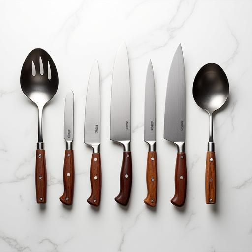 磨き上げられた高級調理器具のコレクション、包丁やフライパンなどが並ぶ