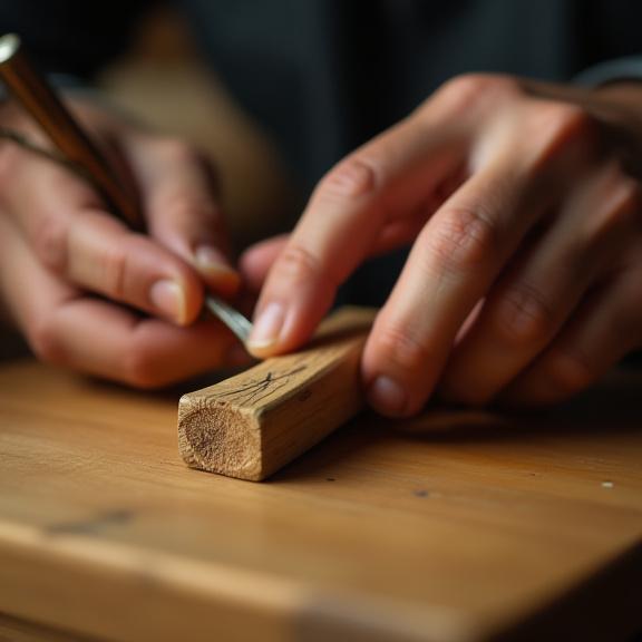 職人が木製のナイフハンドルを丁寧に組み立てている様子
